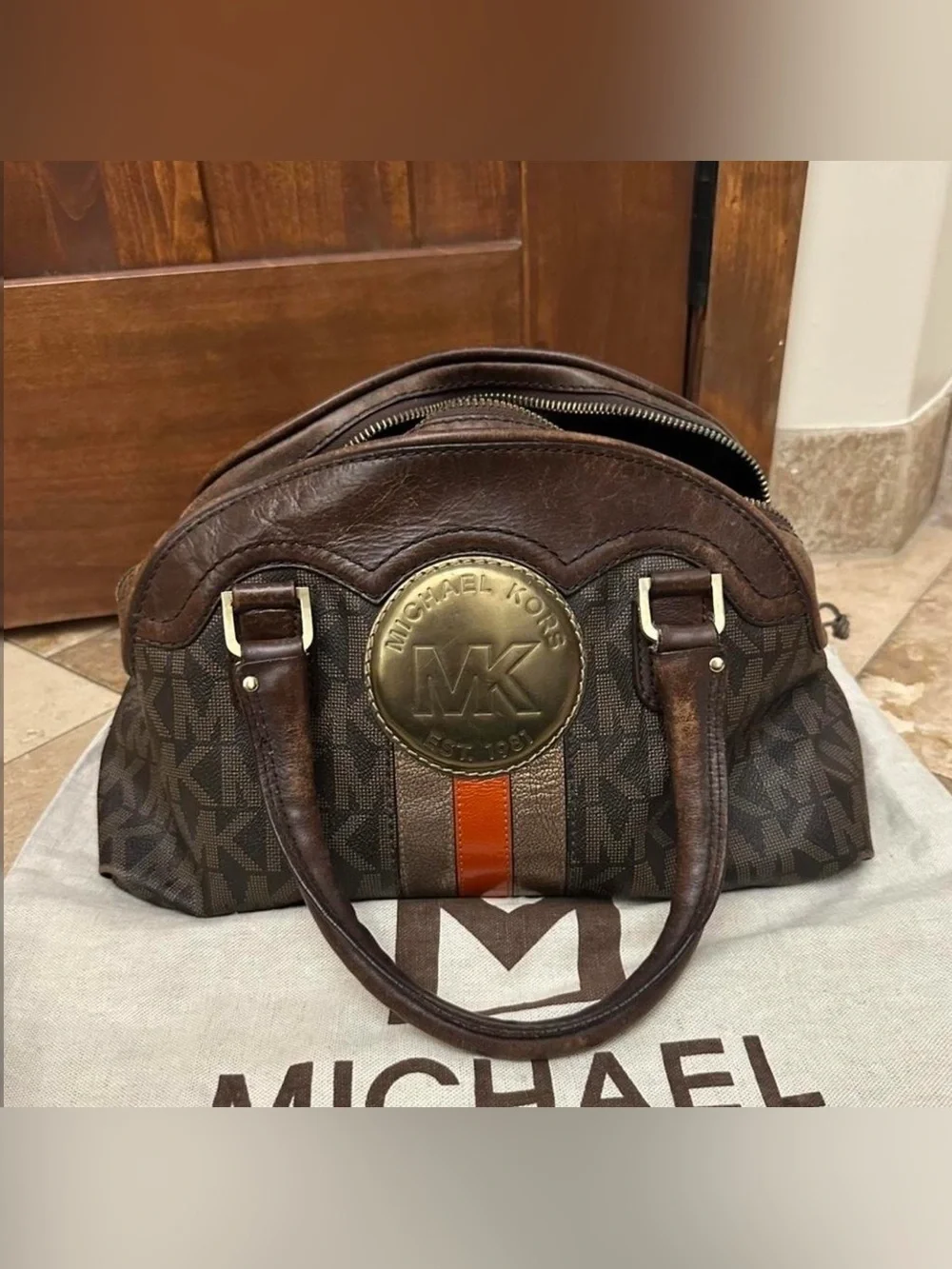 Vintage Michael Kors Brown and Beige MK Logo Satchel Purse with Gold Logo